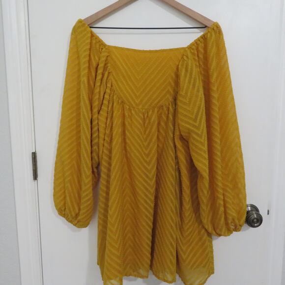 Womens Sz S Mustard Yellow Off the Shoulder Puffy Sleeve Flowy Mini Dress - Picture 2 of 6